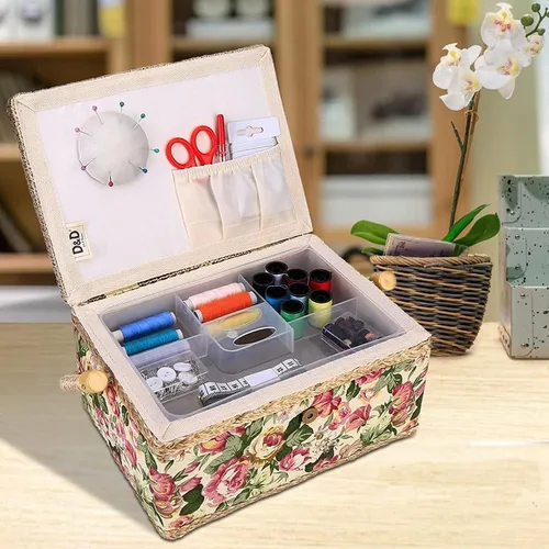Vista 7 de Cesta de costura grande con accesorios, caja organizadora de costura para suministros de costura y herramientas de manualidades de bricolaje, regalo
