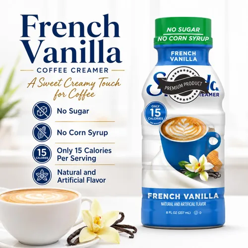 Vista 8 de Crema de café de vainilla francesa, botella de 8 onzas, sin azúcar, sin jarabe de maíz, crema líquida saborizada para café caliente o helado