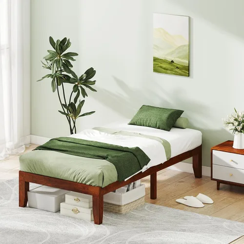 Vista 2 de KOMFOTT Armazón de cama de plataforma de madera de 14 pulgadas, tamaño Twin, base de colchón de madera con marco de madera de caucho, fuerte soporte