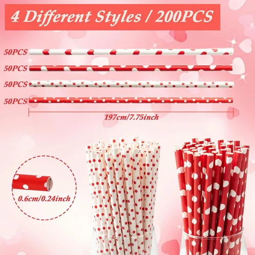 Vista 2 de 200 popotes de papel de corazón rojo, pajitas desechables para boda, fiesta de cumpleaños, suministros decorativos, 4 estilos