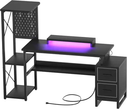 Vista 9 de Escritorio para computadora con 2 cajones de tela - Escritorio reversible de oficina en casa con toma de corriente y luces LED, escritorio