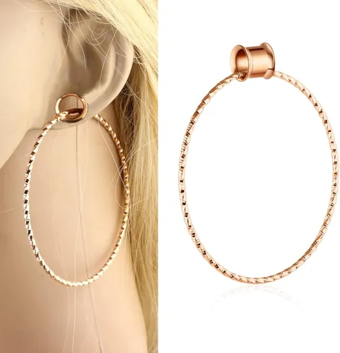 Vista 2 de Aretes de calibre para mujer, dilatadores de oreja colgantes con aro grande, de acero inoxidable, 2