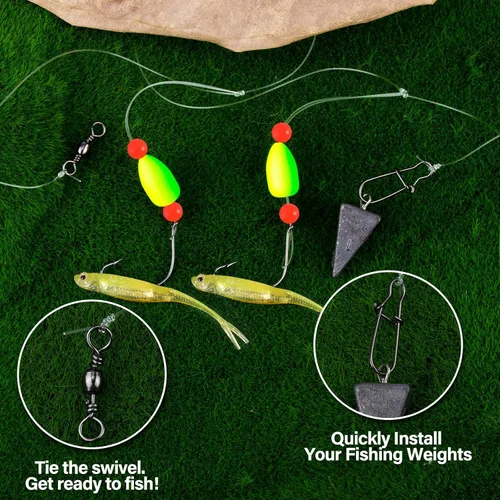Vista 6 de Alwonder Paquete de 5 aparejos Pompano para pesca en surf con flotadores Snell, aparejos de pesca en agua salada con cebo vivo, bisagras giratorias