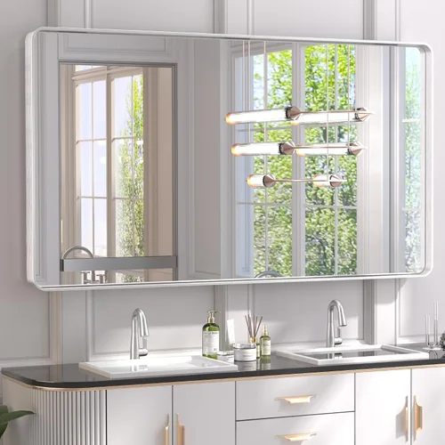 Vista 45 de Espejo de marco dorado cepillado de 16 x 24 pulgadas, espejo de tocador de baño de latón dorado para pared, espejo enmarcado rectangular de esquina