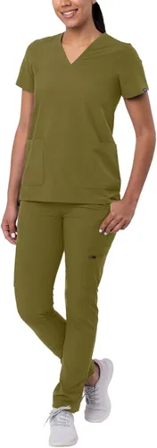 Vista 11 de Adar Addition Go-Basic - Conjunto de uniforme quirúrgico para mujer con blusa de cuello en V y pantalones cargo ajustados Rosa suave