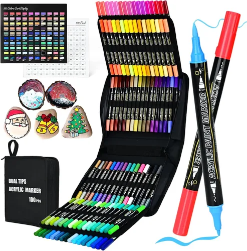 Vista 10 de IVSUN Bolígrafos de Pintura Acrílica, 100 Colores Marcadores de Pintura de Doble Punta con Punta Fina y Punta de Pincel para Piedra, Madera, Lienzo