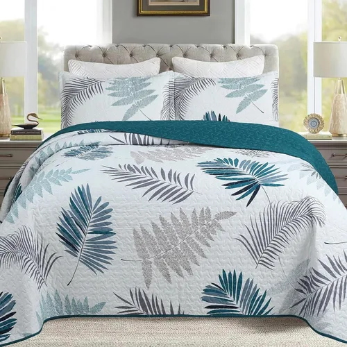Vista 18 de MarCielo Juego de edredón de 3 piezas con estampado floral, juego de colcha ligera (tinta floral, King)