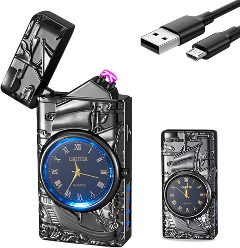 Vista 12 de GADATOP Encendedor eléctrico recargable a prueba de viento, encendedor de plasma con alivio de delfines 3D, reloj integrado con luz LED para uso