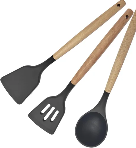 Vista 2 de Juego de 3 espátulas grandes de silicona ranuradas, cuchara con mango de madera resistente al calor, utensilios de cocina antiadherentes, espátula