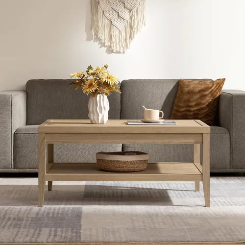 Vista 6 de SICOTAS - Mesa de café de ratán para sala de estar - Mesa central de comedor rectangular de estilo bohemio con estante de almacenamiento de ratán