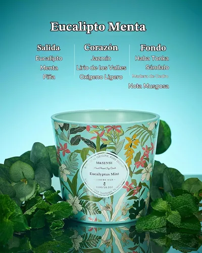Vista 2 de M&SENSE Vela Perfumada de Eucalipto y Menta, 28.2oz Velas Grandes de Cera de Soja Natural de 3 Mechas, Larga Duración Combustión Limpia y Lenta Sin