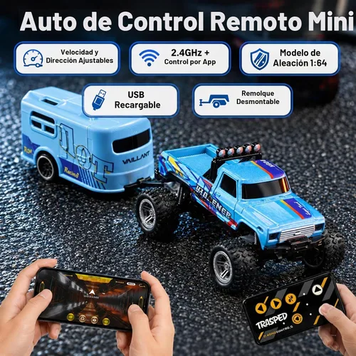 Vista 2 de Mini camión monstruo de control remoto a escala 1:64 con remolque 2.4 GHz y control dual de aplicación, mini auto RC de aleación con luces LED Azul