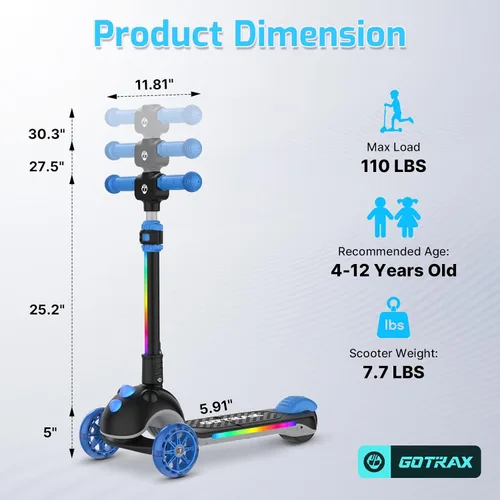 Vista 8 de Gotrax SK1 Scooter eléctrico plegable, 3 ruedas para niños a partir de 4 Negro