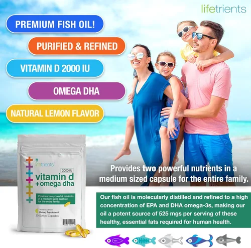 Vista 3 de Lifetrients - Cápsulas de cápsulas blandas de aceite de pescado Omega-3 y vitamina D3 de primera calidad - 375 mg de DHA Boost + 2000 UI.