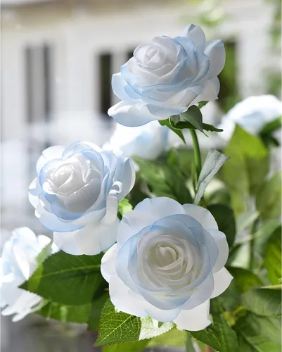 Vista 2 de FiveSeasonStuff 12 tallos de flores artificiales azul hielo, rosas de seda de tacto real para decoración de boda, en caja de regalo Azul helado