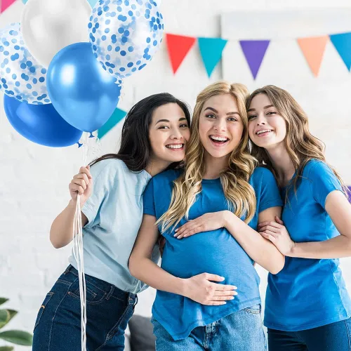 Vista 6 de Ainiv 15 globos de fiesta gruesos azules con cinta y confeti, globos metálicos de látex para baby showers, bodas, graduaciones y cumpleaños