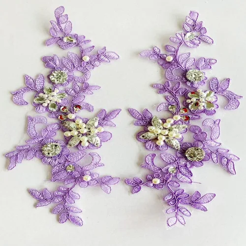 Vista 26 de Parches de tela de encaje fino bordados con diamantes de imitación bordados, decoración de vestido para coser en lentejuelas cuentas, accesorio