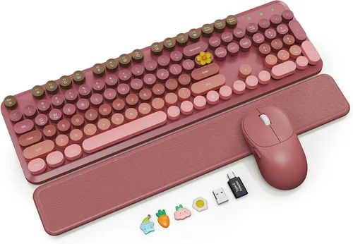 Vista 18 de Combo de teclado y mouse inalámbricos con reposamuñecas magnético, teclas redondas, teclado retro de tamaño completo, patas inclinables de dos Azul