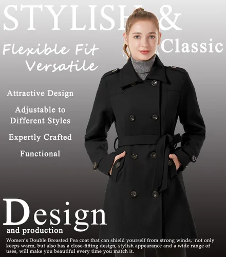 Vista 3 de GGleaf Abrigo clásico de doble botonadura para mujer, gabardina delgada de invierno con cinturón
