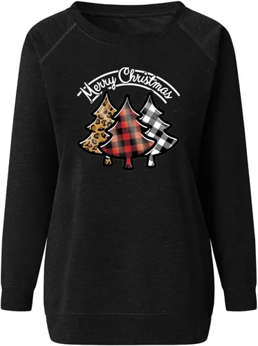 Vista 2 de Disfraces de Navidad para mujer, cuello redondo, camiseta de manga larga raglán, camisetas con estampado de árbol de Navidad