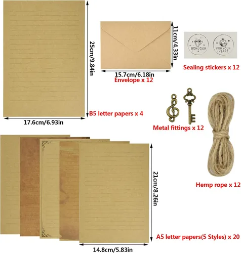 Vista 2 de Dxhycc Juego de 6 sobres y papel estacionario vintage, 24 hojas de papel de letras vintage, 12 sobres, 12 cuerdas de cáñamo, 12 llaves retro, 12