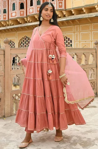 Vista 5 de Janasya Indian - Kurta de algodón rosa embellecido con pantalón y Dupatta para mujer