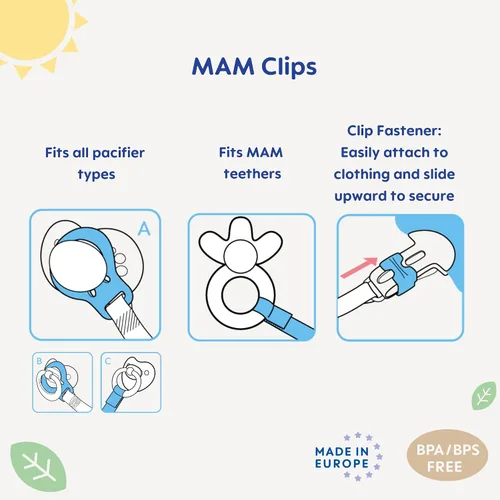 Vista 2 de MAM 2 clips para chupetes con sujetadores y anillos flexibles para niños, los diseños pueden variar