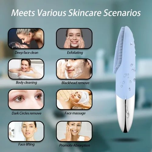 Vista 5 de Cepillo de limpieza facial, limpiador facial eléctrico 3 en 1, masajeador vibratorio, IPX7 impermeable, cepillo de poros recargable por USB