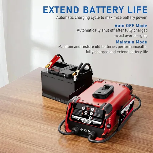 Vista 5 de Cargador de batería de coche de 12V 24V y arrancador de motor de 130A, mantenedor automático de batería de 0-30A, con arranque de motor