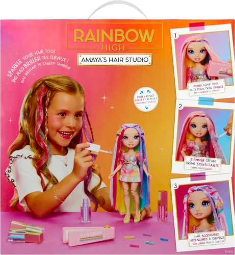 Vista 8 de Rainbow High Amaya's Hair Studio - Crea un cabello brillante con una muñeca exclusiva, color de cabello lavable extra largo y ropa y accesorios
