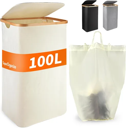 Vista 7 de Cesta de lavandería de 100 litros con tapa, cesta para la ropa sucia con asas de bambú y bolsa interior extraíble, cestas de ropa para lavandería