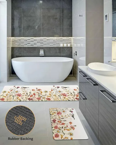 Vista 5 de Tapete de baño antideslizante para bañera, diseño de pájaros y flores, de secado rápido y absorbente, de tierra de diatomeas, tapete de cocina