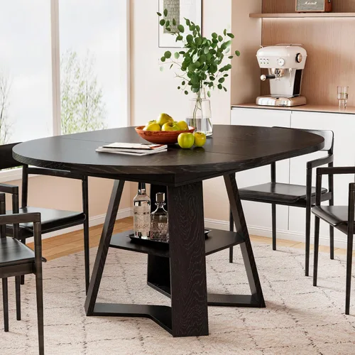 Vista 10 de Mesa de comedor redonda extensible de 43.3 a 59 pulgadas para 4 a 8, moderna mesa de comedor ovalada de cocina con hojas extraíbles, ahorro