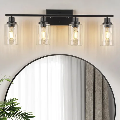 Vista 15 de Jonsi Accesorios de iluminación de baño dorados, 2 luces de tocador de oro cepillado con pantalla de vidrio estriada, luces modernas sobre espejo