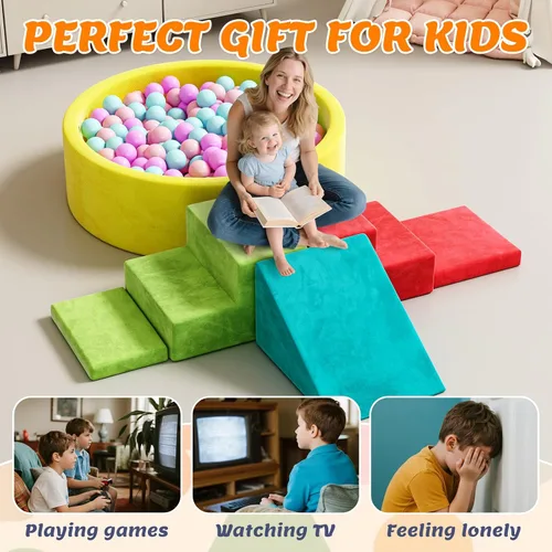 Vista 9 de Juego de bloques de escalada de espuma suave, juguetes de escalada para niños pequeños con pozo de bolas para jugar en interiores, escalador modular