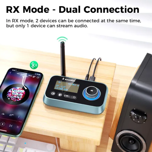 Vista 3 de SOOMFON Transmisor Bluetooth para TV 3 en 1, receptor transmisor Bluetooth 5.0 para TV a 2 auriculares con pantalla LCD volumen ajustable