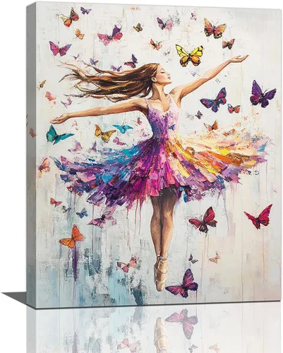 Vista 10 de Olivine Arte de Pared de Bailarina, Imágenes de Ballet de Mariposa Decoración de Pared, Impresiones Coloridas en Lienzo de Bailarina, Pintura