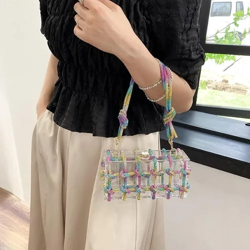 Vista 3 de Bolso de acrílico transparente con diamantes de imitación, bolso de mano de noche brillante, bolso anudado adornado con cristal para cóctel, fiesta