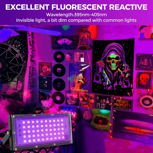Vista 3 de 50W luces negras LED para fiesta brillante, IP65 impermeable luz negra UV reflector 395nm foco de luz negra púrpura lámpara de luz UV fluorescente