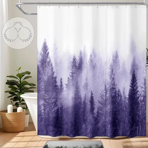 Vista 31 de ORTIGIA 36x72 Cortina de ducha de bosque nebuloso para baño pequeño, cortina de ducha estrecha de naturaleza y bosque en blanco y negro con ganchos