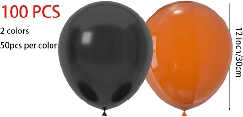 Vista 2 de 100 globos de látex de 12 pulgadas en negro y naranja, perfectos para Halloween, graduación, cumpleaños, baby shower, Acción de Gracias