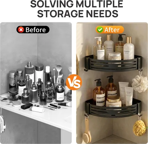 Vista 5 de Black Adhesive Corner Shower Caddy 2-Pack, Triangular Shelves No-drill black triangular shelves for smooth tile, glass and stainless steel shower