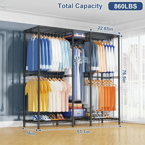 Vista 2 de Ulif E12 - Perchero independiente resistente con estantes, sistema de almacenamiento de ropa de metal para colgar ropa, 57.1 pulgadas de ancho x 16