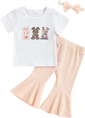 Vista 31 de Eadrioss Ropa para bebé niña pequeña, traje de campana de manga corta, camisa de flores para niños, pantalones florales acampanados, ropa de verano
