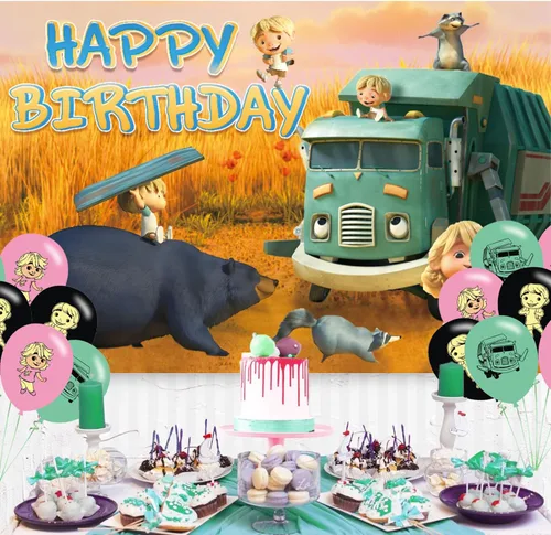 Vista 6 de Fondo de fiesta de cumpleaños de camión de basura, decoración y pancarta, accesorios de fondo de fotos para niños y niñas, 5 x 3 pies