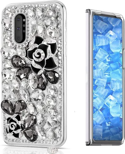 Vista 7 de Sparkle - Funda compatible con Samsung Galaxy Z Fold 3 5G, elegante funda 3D hecha a mano con diamantes de imitación de camelia, color negro