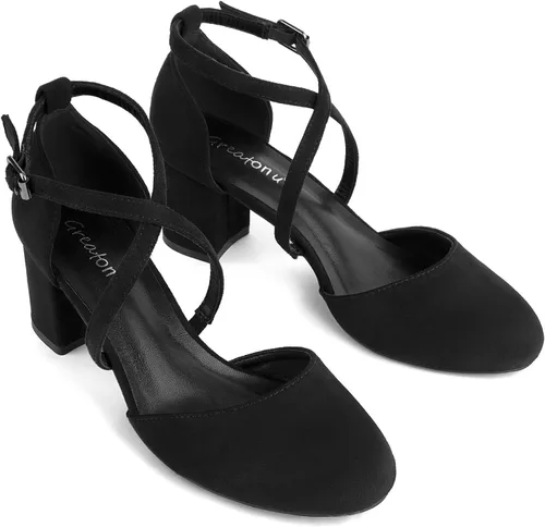 Vista 6 de Greatonu Zapatos de vestir de tacón bajo para mujer, puntera redonda cerrada, correa cruzada, para boda, novia, fiesta, oficina