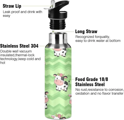 Vista 3 de Stainless Steel Vacuum Insulated Water Bottle 20 Oz, Leakproof Water Bottles for Gym Outdoor Travel School, Cute Cartoon Cows Green