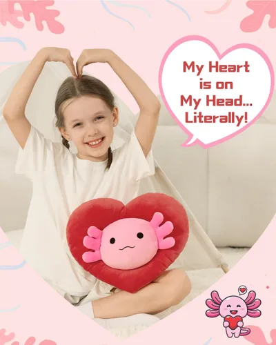 Vista 2 de MaoGoLan Peluche de ajolote de San Valentín con capucha en forma de corazón, almohada de peluche de salamandra blanda y suave, regalo de peluche