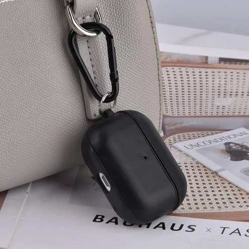 Vista 5 de Funda compatible con Apple AirPods Pro, piel auténtica y cubierta de PC, funda protectora completa con llavero, color negro